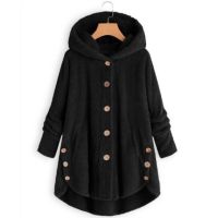 2021 New O-Neck Fashion Womens Jackets Coats Button Plush Top Irregular Solid Color Long Oversized Hooded Coat Winter Women