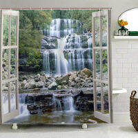 Wide Waterfall Deep Down in The Forest Seen from A City Window Epic Surreal Decor Shower Curtains Landscape Bathroom Curtain Set