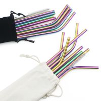 ☾ Metal Drinking Straw 304 Stainless Steel Colorful Straws Reusable Bent Straight Straw Set With Cleaner Brush Bar Party Accessory