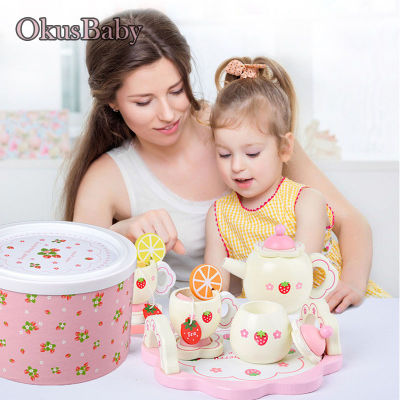 Wood Pink Color Girls Educational Kitchen Toy Set strawberry Tea Time Kit with Box Container Collection Children play Set