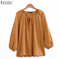 ZANZEA Ladies Casual Round Neck Three-Season Sleeve Tie Pure Cotton Shirt