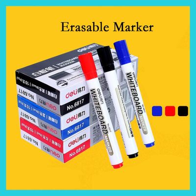 Deli 10pcs/box Whiteboard Marker 2mm Erasable Pen Red Black Blue Non-toxic Water-based Pen Bullet Tip Meeting Teaching Board Writing Pen