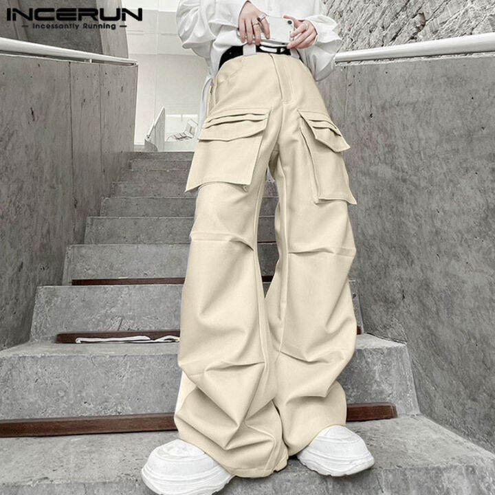 incerun-กางเกงผู้ชายกระเป๋าหลากหลายตรงลำลอง-chino-สไตล์เกาหลี