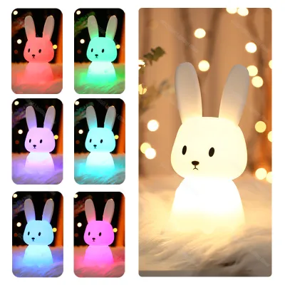 Rabbit LED Night Light Silicone Bunny Light Touch Sensor USB Rechargeable 7 Colors Night Lamp For Room Decor Baby Children Gift