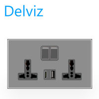 DELVIZ wall socket, 3-hole power outlet. 146mm * 86mm all-glass panel, 1A1C interface fast charging, PD18W fast charging C-type socket. Grey, white, black, gold available. Switch controls the entire outlet power supply.