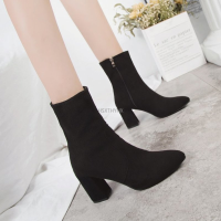 2022 New Short Boots Womens Shoes Autumn and Winter Thick-heeled Elastic Womens High-heel Pointed Toe Mar Boots Women