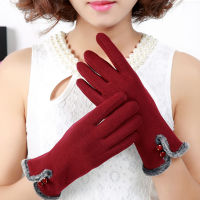 Gloves Women Warm Winter Non-Inverted Velvet Cashmere Full Finger Solid Color Women Cycling Touch Screen Lace Cotton Gloves