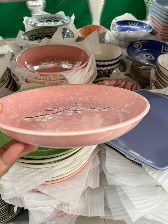 จานเซรามิก-จานก้นลึก-ceramic-plate-จานลายดอกซากุระ-จานสวยๆ-จานราคาถูก-จานเซรามิก-จานข้าวสวยๆ-จานขนาด8นิ้ว