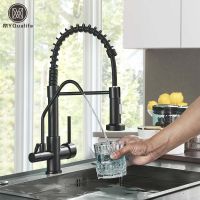 Caldwelllj Matte Black Pure Water Filter Kitchen Faucet Dual Handle Hot and Cold Drinking Pull Out  Mixer Taps Purification