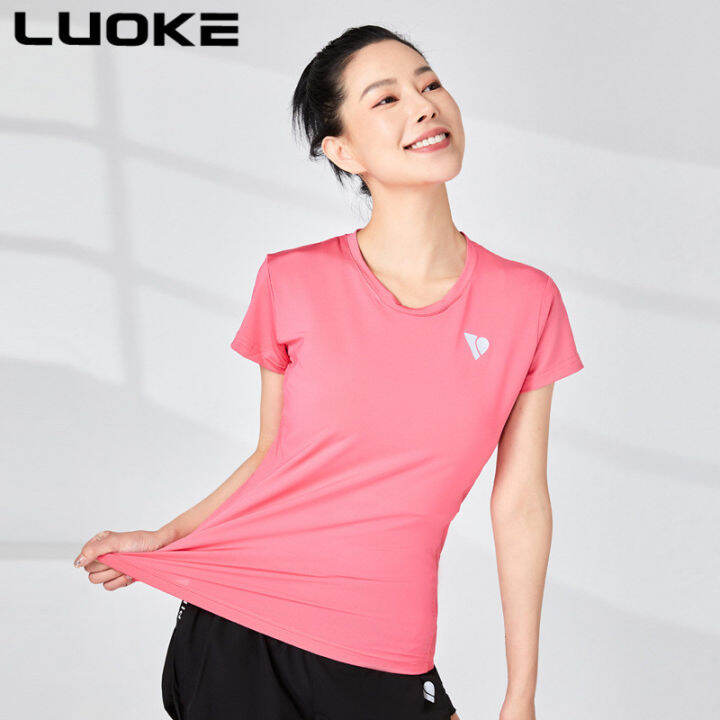 luoke-รอบคอบางกีฬาลำลองเสื้อยืดสตรีฤดูร้อนแห้งเร็วแขนสั้นกลับใต้วงแขนระบายอากาศกีฬาของผู้หญิง