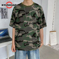 KYUSHUAD เสื้อทีเชิ้ตลายพรางแขนห้าส่วนสำหรับผู้ชาย,เสื้อลำลองทรงหลวมสไตล์ญี่ปุ่นเสื้อยืดคู่รักแบรนด์ทันสมัย