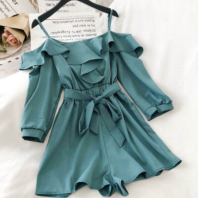 2020 Summer New Arrival Chic Korean Women Playsuits Korean Spaghetti Strap Off Shoulder Jumpsuits Ruffles Bodysuits