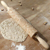 Rolling Pins Wooden Rolling Embossing Rose Flower Baking Cookies Biscuit Fondant Cake Patterned Roller 13.7x1.57In Bread  Cake Cookie Accessories