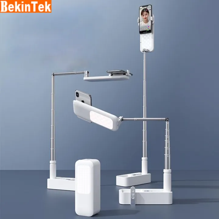 BekinTek Portable Multifunction Phone Holder Foldable Rechargeable Video Recording Stand for Makeup Youtube TikTok Live Stream Teaching Remote Wireless Dimmable LED Selfie Fill in Light Lamp