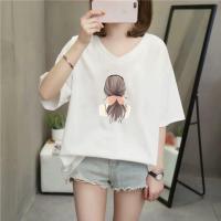 【40-150KG】Womens Pattern Printed Plus Size V Neck Tee Casual Big Size Cute Cartoon Patterned T-shirt V-Neck Short Sleeves Loose Fit Tummy Hide Tops