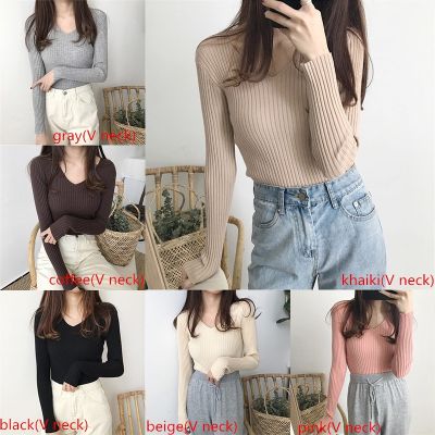 Ready Stock women Blouse clothing Long Sleeved Knitted tshirt Round Neck Tops High Elastic Sweater