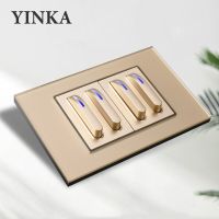 YINKA Gold Piano Keys Universal Wall Light Switch Tempered Glass Panel Push Button Switch LED Indicator AC110V-250V 118mm*72mm Power Points  Switches