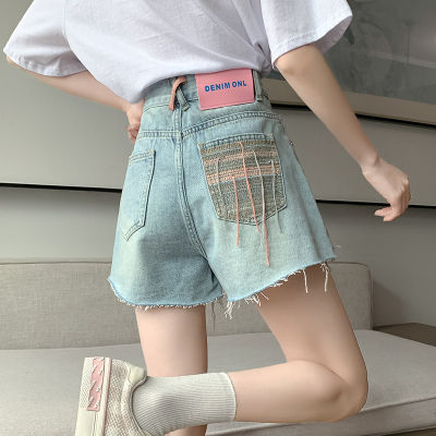 ยิงจริง ！2023 ฤดูร้อนสไตล์ใหม่ออกแบบแฟชั่นปักพู่เนื้อขาดกางเกงยีนส์กางเกงขาสั้นเอวสูงผู้หญิง