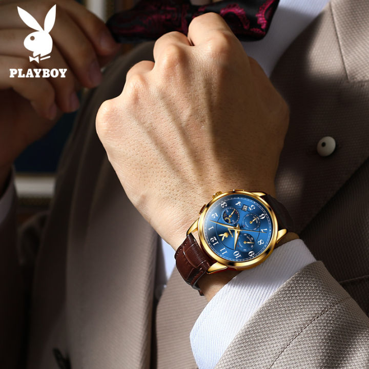 playboy-นาฬิกาแฟชั่นแบรนด์อเมริกันสำหรับผู้ชาย-นาฬิกาควอตซ์หนังแท้รุ่นใหม่ล่าสุดกันน้ำได้นาฬิกามัลติฟังก์ชันเข็มเรืองแสงแสดงวันที่24-ชั่วโมงแสดงเวลาบนหน้าปัดดวงจันทร์