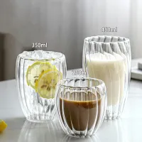 Striped Design Double Wall Coffee Cup Clear Glass Mug Thermal Insulation Cup for Cappuccino Tea Latte Espresso Hot Beverage Wine