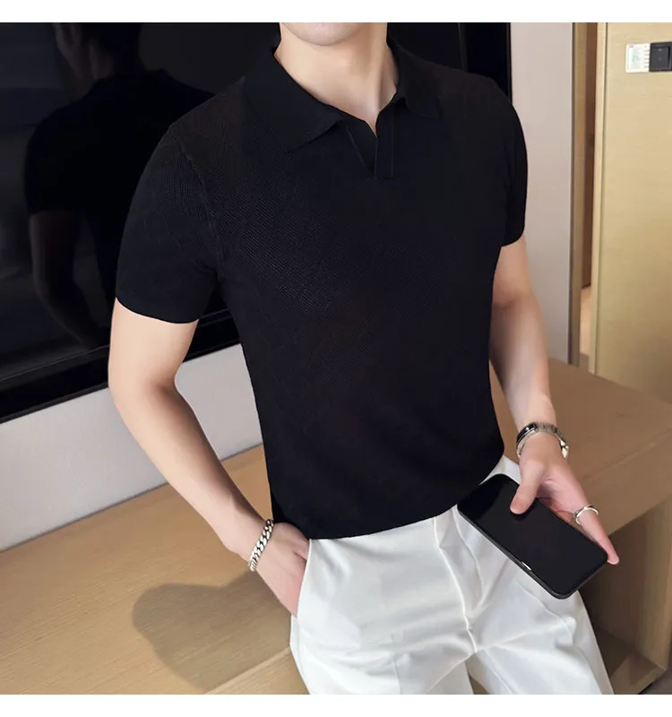 Summer Thin Ice Silk Knitted Polo Shirts Mens Elasticity Mesh