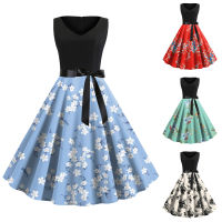 ผู้หญิง R ฤดูร้อนชุด2023 Robe Vintage Pinup 50S 60S Rockabilly เซ็กซี่ V คอพิมพ์ชุด Swing แขนกุด Vestidos