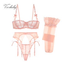 Varsbaby big bow sexy lace transparent half cup plus size underwear for bra + garter belt + thong + stockings 4 pieceslot