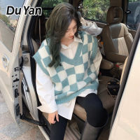 Du Yan เสื้อกั๊กผู้หญิงเสื้อสเวตเตอร์คอวีสำหรับฤดูใบไม้ร่วงและฤดูหนาวเสื้อแขนกุดผ้าถักลายตารางหมากรุก