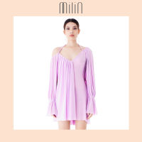 [MILIN] Cascading panel overlay v neck jersey mini dress เดรสสั้นคอวี แขนยาว ปลายแขนกระดิ่ง แต่งซ้อนผ้า Agnes Dress สีม่วง/ สีเหลือง Purple/ Yellow