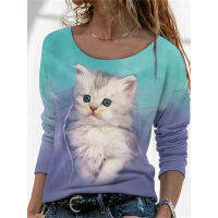 Women Fashion Elegant Shirt 2021 Autumn Long-sleeved Casual O- Neck 3D Cat Printed Pullover Lady Blouse Vintage Loose Street Top