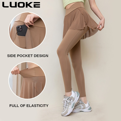 Luoke กางเกงฟิตเนสโยคะเอวสูง2ชิ้นปลอมสำหรับแฟชั่นของผู้หญิง,กางเกงรัดรูปกางเกงกระโปรงกางเกงกีฬาระบายอากาศใหม่2023ใหม่