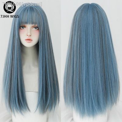 7JHH WIGS Long Straight Wigs With Bang For Women Omber Blue Synthetic Crochet Hair African American Favorite Female Full Wig [ Hot sell ] vpdcmi