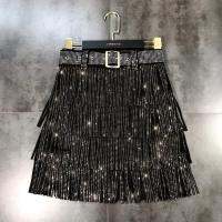 Women Skirt Fashion  New Autumn High Waist Belt Multi Layer Short Heavy Drilling Rhinestones Fringed Skirt with Cake A Line