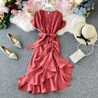 R Casual Short Sleeve Dresses For Women Design Irregular Folds Waist Midi Split Fishtail Dress