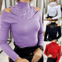 【Ready】Trendy Women Pullover Top Lace Patchwork Off Shoulder เสื้อแขนยาวสำหรับสวมใส่ทุกวัน