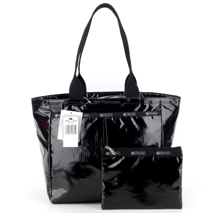 li-shi-bao-แฟชั่นใหม่สีดำเงาผ้ากันน้ำกระเป๋าสะพายน้ำหนักเบาความจุขนาดใหญ่กระเป๋าถือ7891