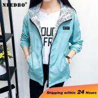 NEEDBO เสื้อแจ็คเก็ตสตรีซิปมีกระเป๋าสำหรับฤดูใบไม้ผลิฤดูร้อนเสื้อแจ็คเก็ตกันลมมีฮู้ดสองด้านใส่เสื้อโค้ตตัวนอกหลวงขนาดใหญ่