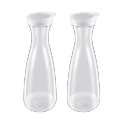 2Pcs Plastic Water Carafes with White Flip Tab Lids- Food Grade &amp; Recyclable Shatterproof Pitchers - Juice Jar