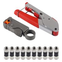 Coaxial Cable Crimper Coaxial Compression Tool Wire Stripper Metal with 10 F RG6 RG59 Connectors