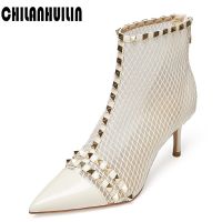 brand mesh+leather thin high heel rivet short boots autumn spring fashion pointed toe women shoes black shoes sexy riding boots