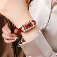 Temperament red watch light luxury retro dial female leather strap niche ladies fashion rectangular diamond