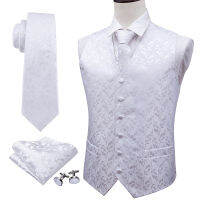 Men Solid White Suit Vest Silk Waistcoat Formal Paisley Ties Cufflinks Pocket Square Set for Tuxedo Male Gift