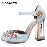 Autumn Crystal Flower Mary Janes Women Pumps Shoes Woman Sandals Strange High Heel Party Shoes Handmade Rhinestone Wedding Shoes