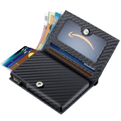 Carbon Fiber Leather Business Metal Aluminum Wallet for Men RFID Blocking 100 Genuine Leather Slim Pop Up Card Holders