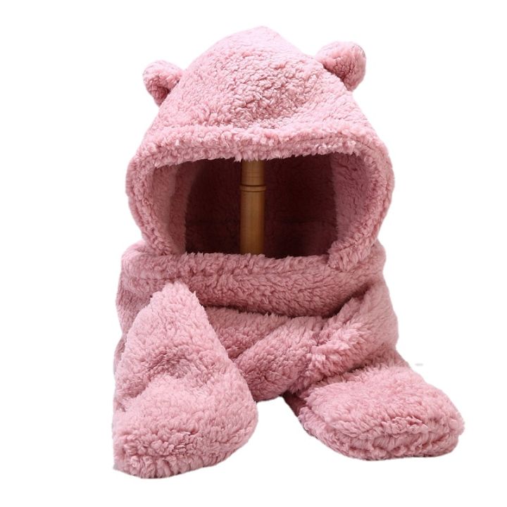 2021-beanies-skullies-bear-ear-protection-hat-female-autumn-winter-cute-plush-bib-scarf-gloves-hooded-korean-versatile-warm