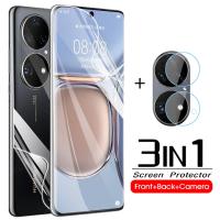 ฟิล์มสำหรับหัวเว่ยนิ่มไฮโดรเจลแบบ3-In-1,P50โปร P 50 50 P HuaweiP50 P50Pro หลังปกป้องหน้าจอกระจกเลนส์กล้องถ่ายรูป