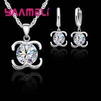 Luxury Solid 925 Sterling Silver Sparkling AAA Zircon Women Party Jewelry Pendant Necklace Lever Back Earrings Sets