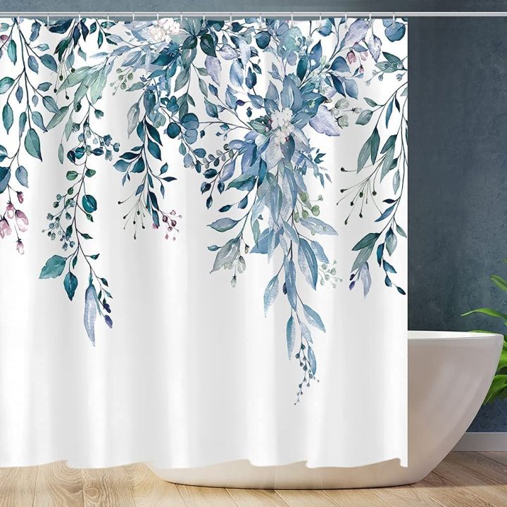 cw-eucalyptus-watercolor-leaves-shower-curtain-washable-fabric-floral-partition-decorate
