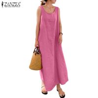 ZANZEA Womens Summer Solid Cotton Sleeveless Casual Loose Waist Maxi Dress