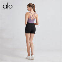 alo yoga กางเกงขาสั้นโยคะแบบใหม่แบบชิ้นเดียวที่ไม่น่าอายสำหรับผู้หญิงกางเกงกีฬาสามส่วนแบบรัดรูปแห้งเร็วยกสะโพกพีช